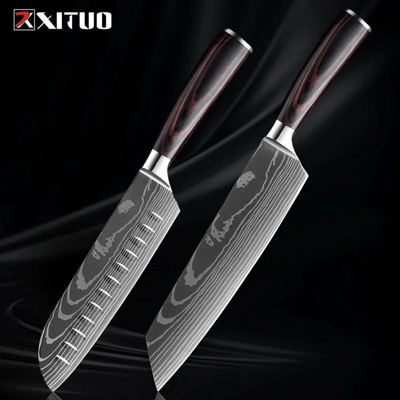 1-9 Piece Stainless Steel Kitchen Knife Set – 7CR17 & 440C Laser Damascus Japanese Santoku, Cleaver, Slicing, and Utility Chef Knives