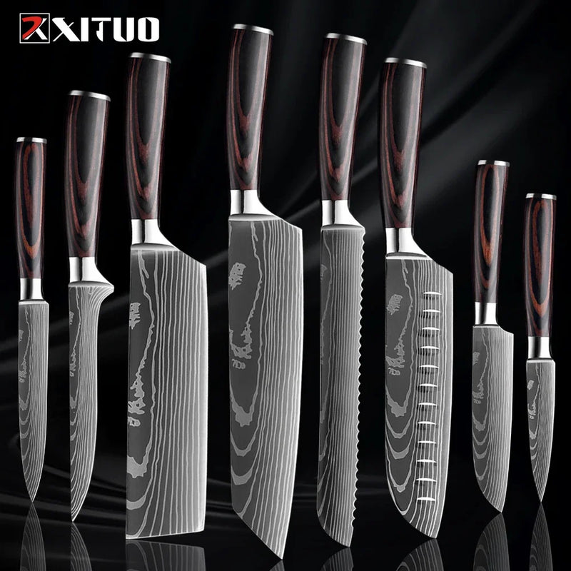 1-9 Piece Stainless Steel Kitchen Knife Set – 7CR17 & 440C Laser Damascus Japanese Santoku, Cleaver, Slicing, and Utility Chef Knives