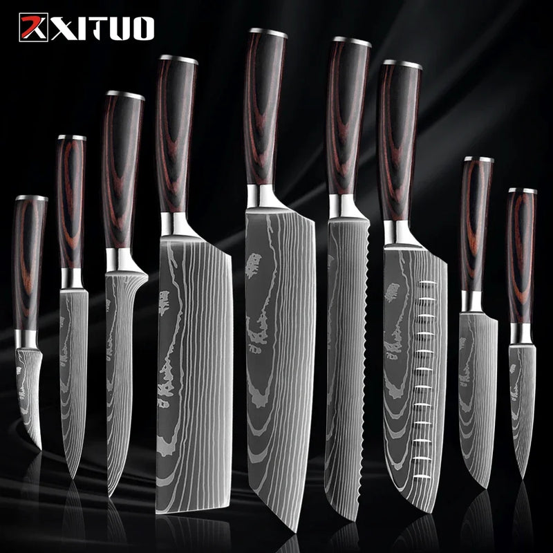 1-9 Piece Stainless Steel Kitchen Knife Set – 7CR17 & 440C Laser Damascus Japanese Santoku, Cleaver, Slicing, and Utility Chef Knives