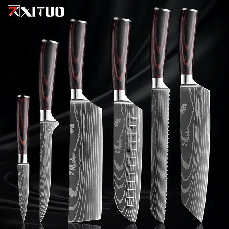 1-9 Piece Stainless Steel Kitchen Knife Set – 7CR17 & 440C Laser Damascus Japanese Santoku, Cleaver, Slicing, and Utility Chef Knives