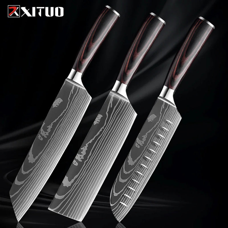 1-9 Piece Stainless Steel Kitchen Knife Set – 7CR17 & 440C Laser Damascus Japanese Santoku, Cleaver, Slicing, and Utility Chef Knives