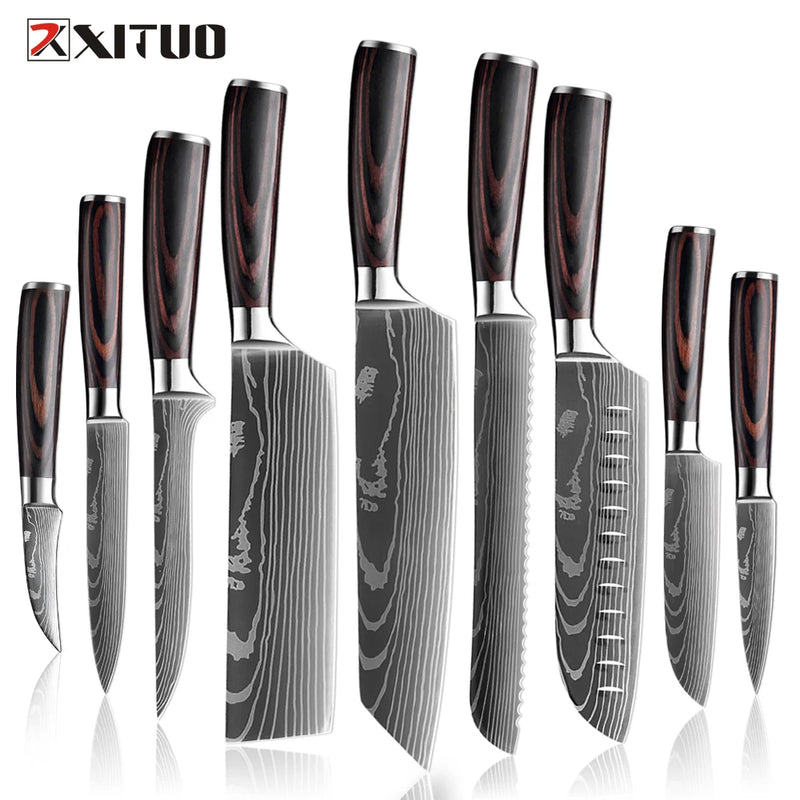 1-9 Piece Stainless Steel Kitchen Knife Set – 7CR17 & 440C Laser Damascus Japanese Santoku, Cleaver, Slicing, and Utility Chef Knives