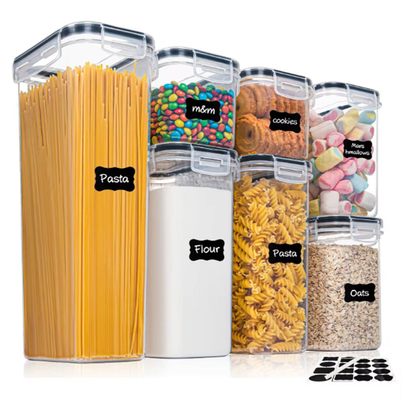 7-Piece BPA-Free Airtight Food Storage Containers Set with Labels and Pen - Plastic Kitchen Organizers